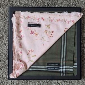 Burberry Pink and Green Floral Handkerchief Set Boxed Unused Cotton 2 Piece Set